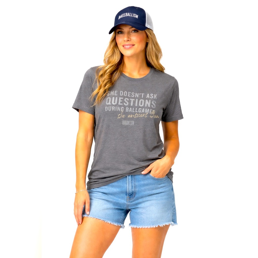 Baseballism Womens XXL Gray Graphic T-Shirt “She Doesn’t Ask Questions” NWT